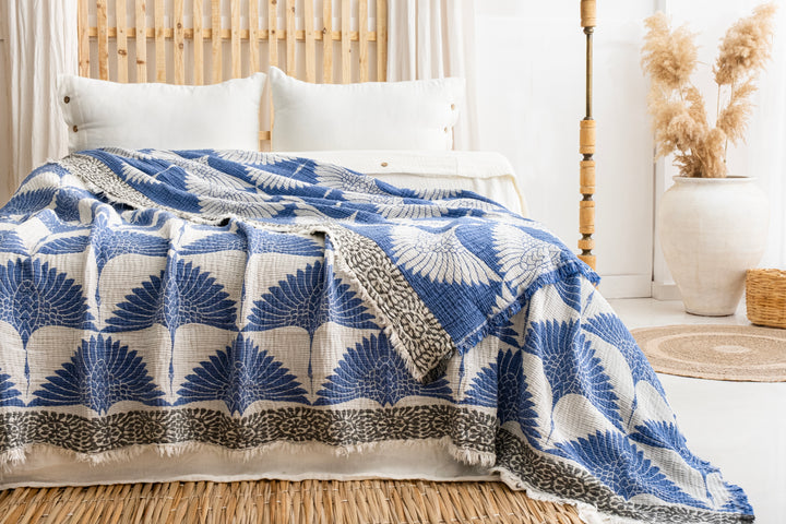 Manta de cama de muselina Crane azul