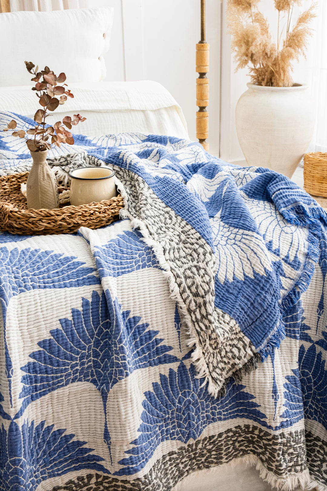 Manta de cama de muselina Crane azul