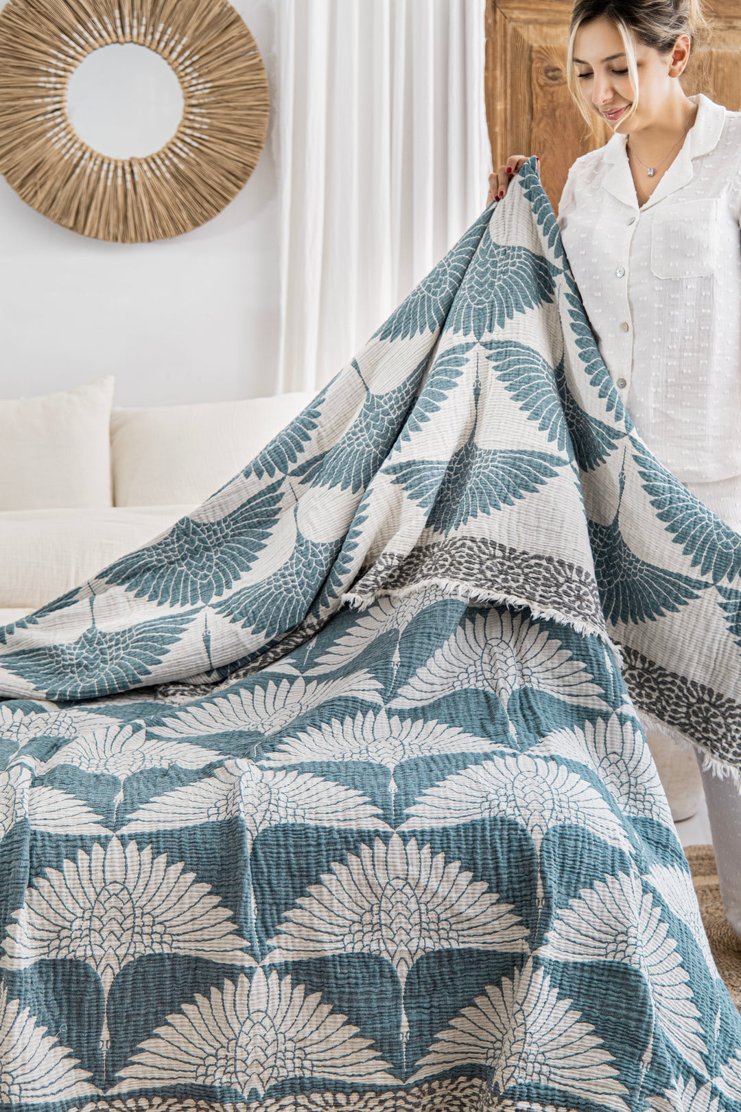 Crane Muslin Bed Blanket Teal