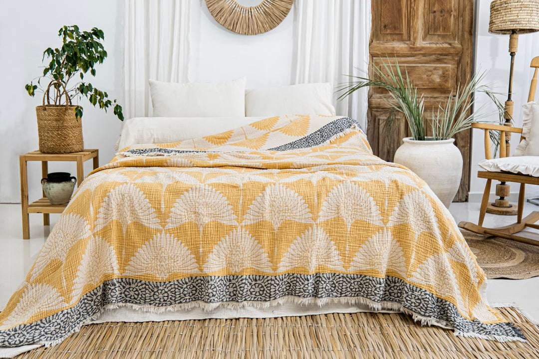 Crane Muslin Bed Blanket Yellow