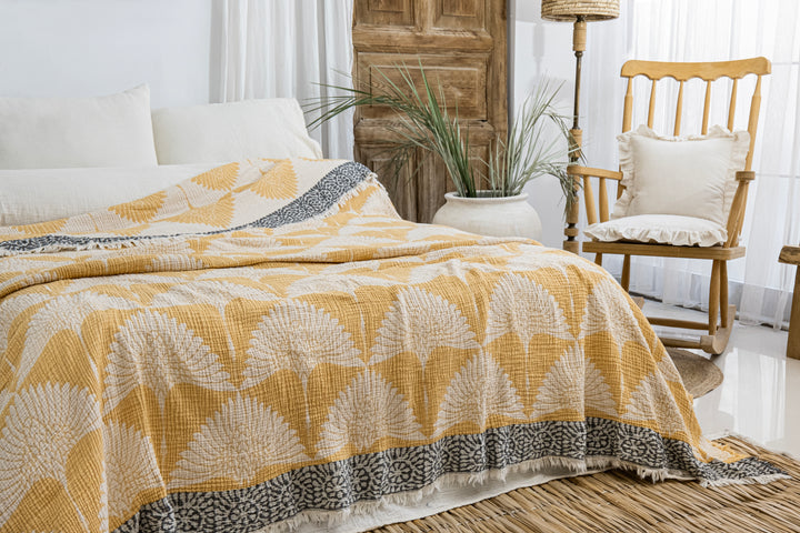 Crane Muslin Bed Blanket Yellow