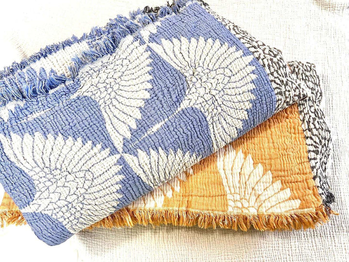 Crane Muslin Bed Blanket Blue