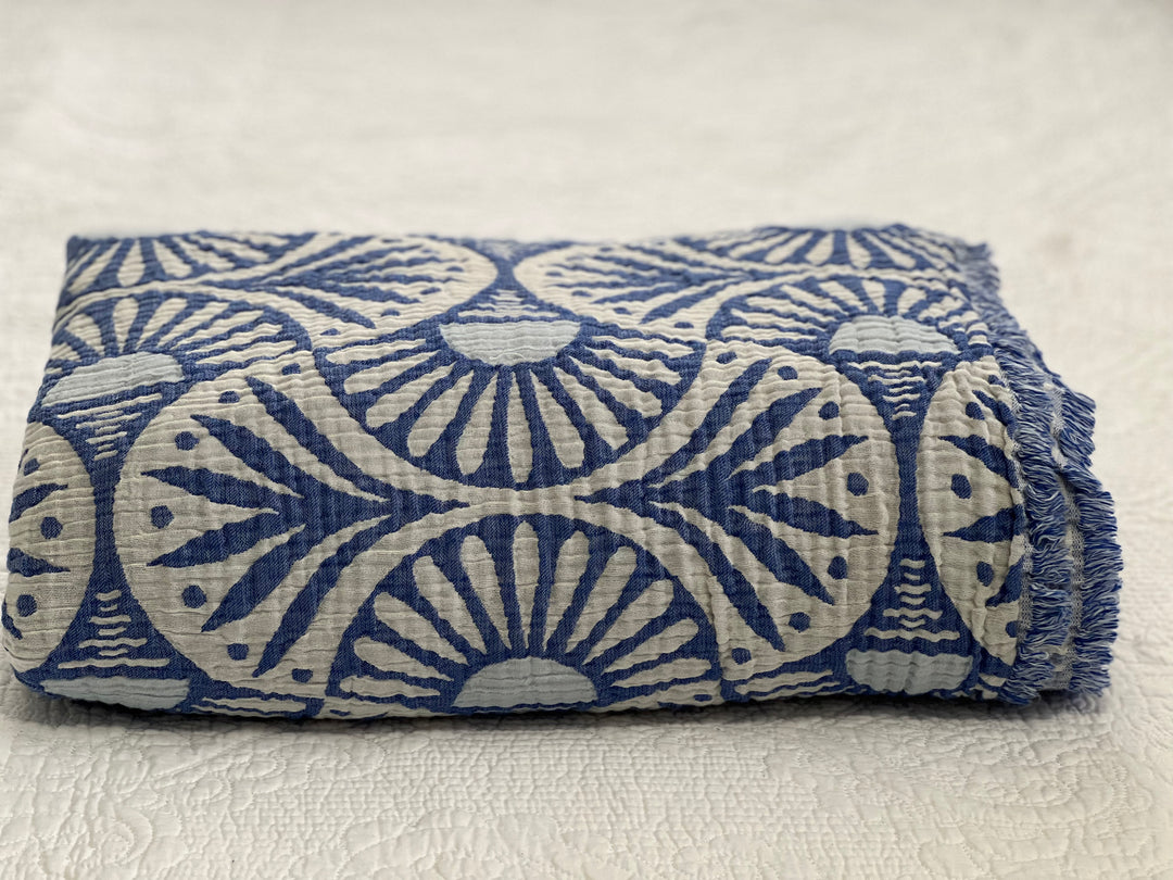 Ginkgo Muslin Bed Blanket Blue