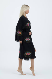 Black Evil Eye Kimono, Dressing Gown, House Coat