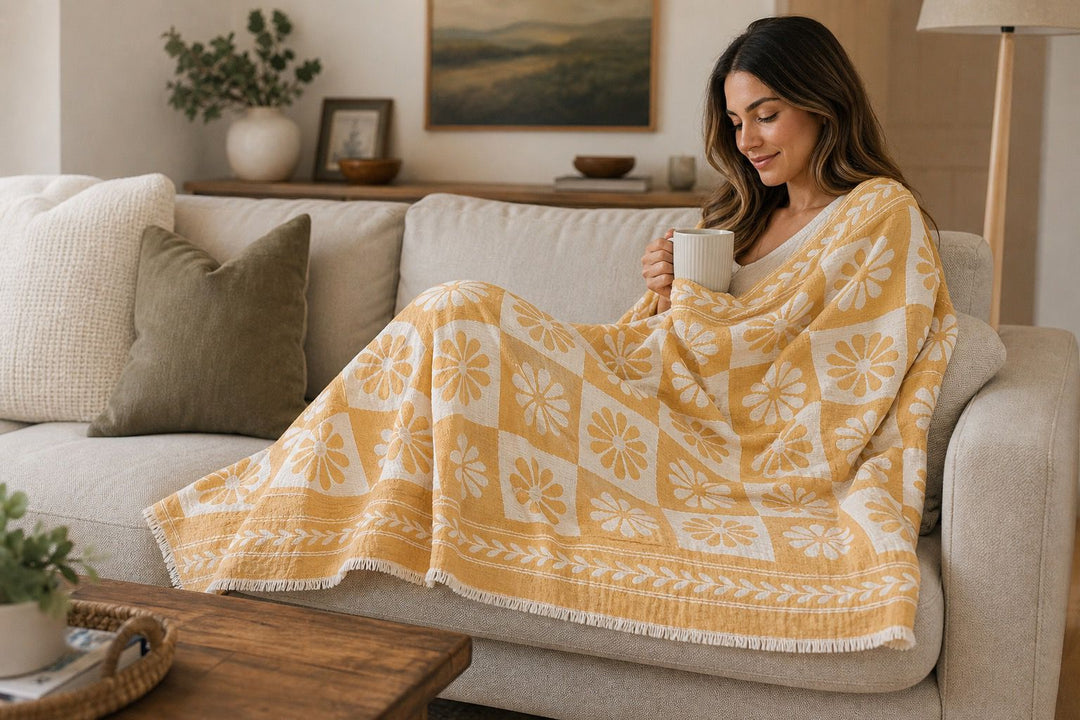 A woman relaxes on a beige sofa, wrapped in the Daisy Muslin Throw Blanket from turkanhome.com, holding a mug and smiling. The cozy room features neutral decor and framed art on the wall.