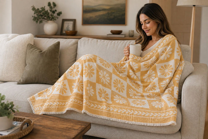A woman relaxes on a beige sofa, wrapped in the Daisy Muslin Throw Blanket from turkanhome.com, holding a mug and smiling. The cozy room features neutral decor and framed art on the wall.