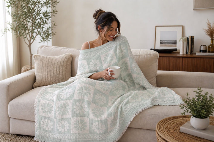 A woman sits on a beige sofa wrapped in the Daisy Muslin Throw Blanket from turkanhome.com, holding a white mug and smiling. The cozy room features plants, a woven table, and framed art atop a wooden cabinet in the background.