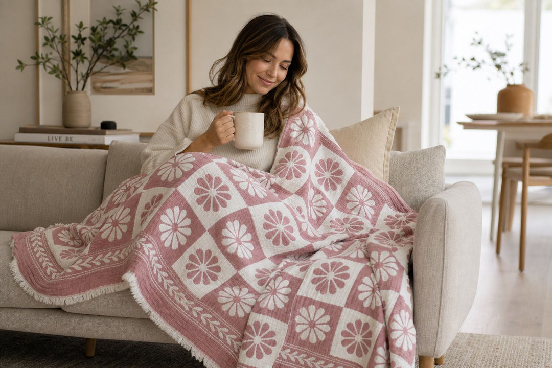 A woman sits on a beige sofa, smiling and holding a mug. She is wrapped in the Daisy Muslin Throw Blanket by turkanhome.com. The cozy room features soft lighting, plants, and framed art in the background.