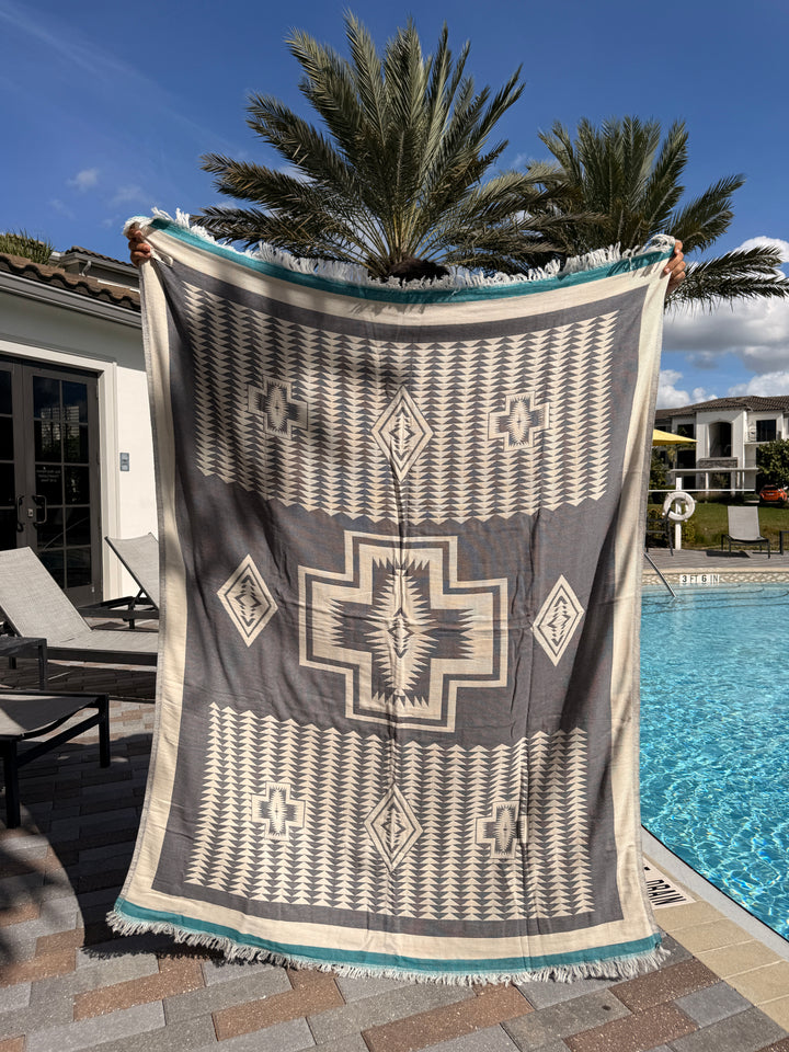 Tribal Cotton Throw Blanket – Reversible Soft Sofa or Beach Blanket