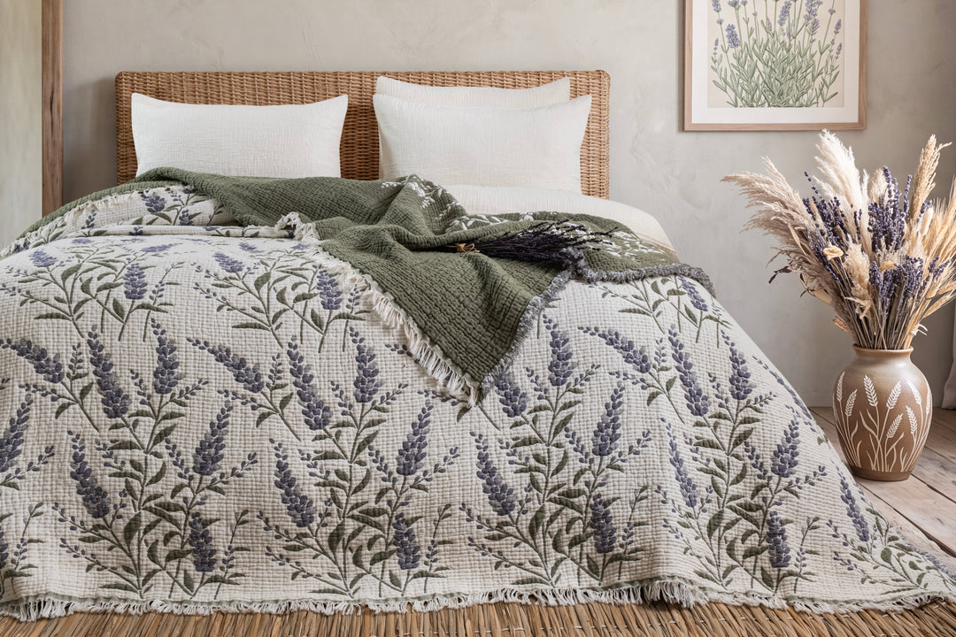 7-Layer Cotton Muslin Quilted Blanket Lavander with a lavender floral print layered with a solid olive-green throw on a bed.