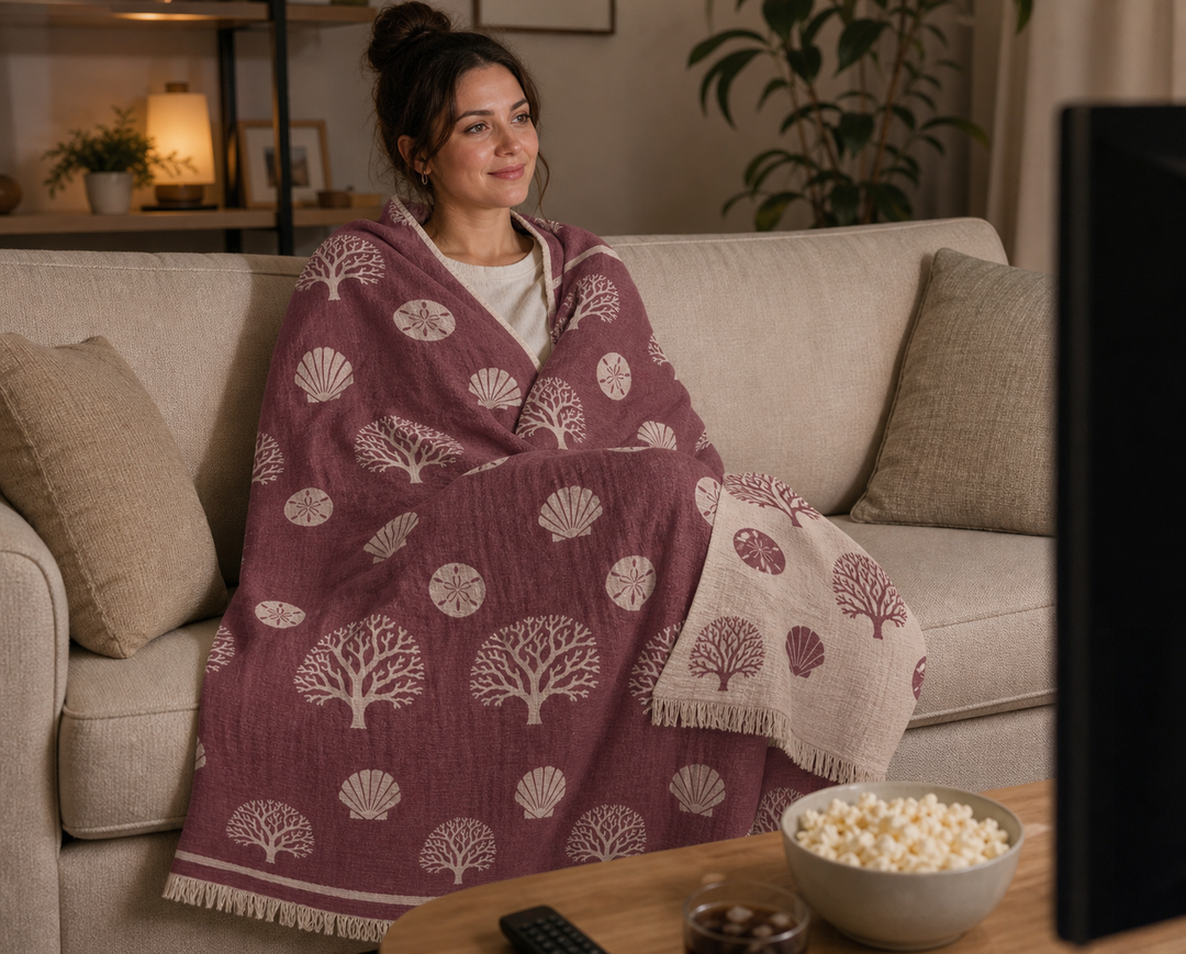 A woman sits on a beige couch, wrapped in a cozy Coastal Muslin Throw Blanket – Reversible Turkish Cotton from turkanhome.com, adorned with tree and shell patterns, watching TV. A bowl of popcorn and a remote rest on the table in front of her.
