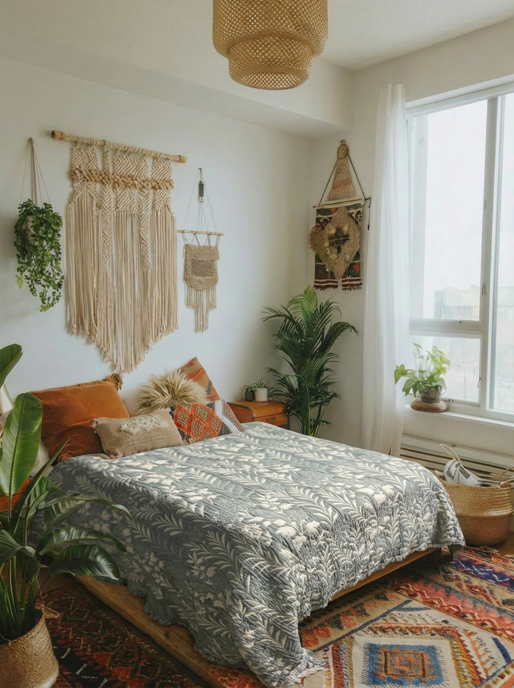 A cozy bohemian bedroom with the Luxury 7-Layer Cotton Muslin Quilted Blanket - Mint Bird by turkanhome.com, earthy pillows, macramé wall hangings, green plants, a woven rug, and natural light through sheer white curtains.