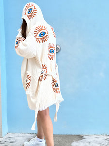 Mystic Eye Kimono Robe Short with Pockets and Hood, Lounge Wear, Beach Wear