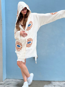 Mystic Eye Kimono Robe Short with Pockets and Hood, Lounge Wear, Beach Wear