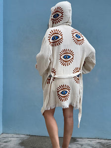 Mystic Eye Kimono Robe Short con bolsillos y capucha, ropa de salón, ropa de playa