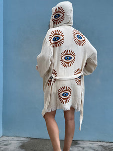 Mystic Eye Kimono Robe Short with Pockets and Hood, Lounge Wear, Beach Wear