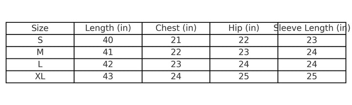 Check the size chart for the Cloud Muslin Robe by turkanhome.com, with S–XL sizes and inch measurements: Length (40–43), Chest (21–24), Hip (22–25), Sleeve Length (23–25).