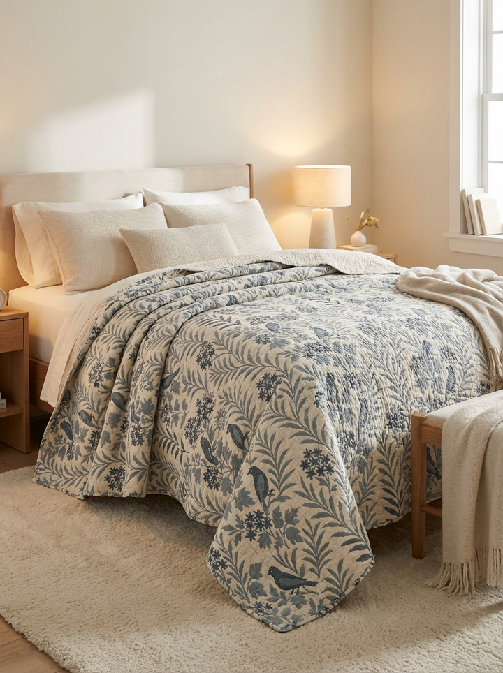 A cozy bedroom showcases a neatly made bed with cream sheets, pillows, and the Luxury 7-Layer Cotton Muslin Quilted Blanket - Mint Bird from turkanhome.com. Soft lighting, a lamp, nightstand, books, and a light rug complete the serene space.
