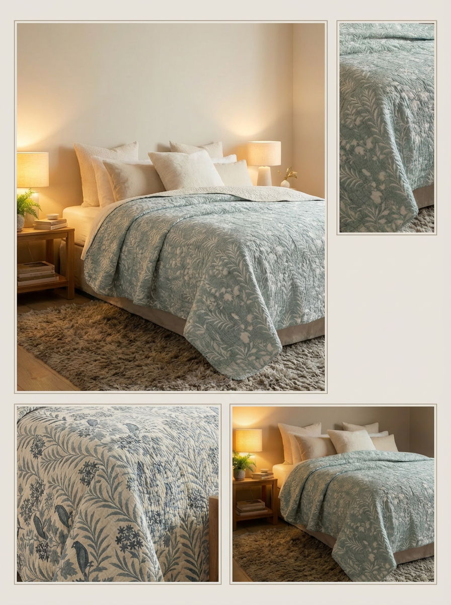 A neatly made bed features the turkanhome.com Luxury 7-Layer Cotton Muslin Quilted Blanket in Mint Bird, accented by cream pillows and a beige rug. Soft lighting from table lamps highlights close-up details of the blanket’s elegant pattern.
