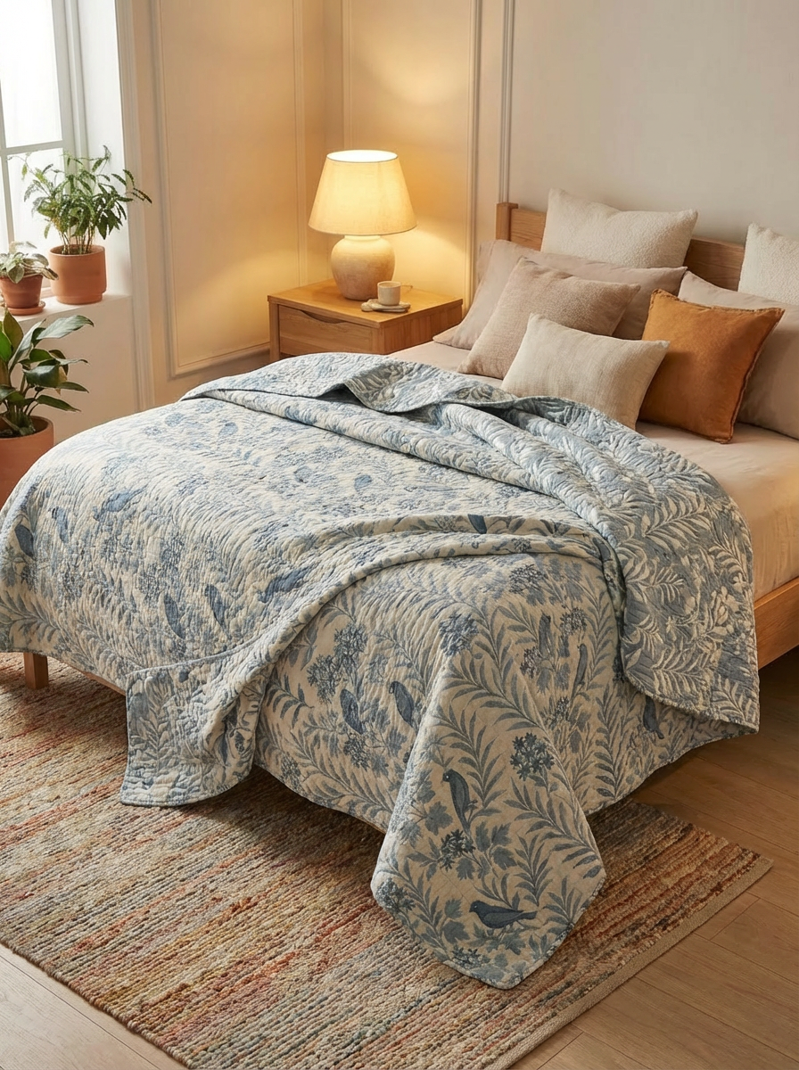 A cozy bedroom features the turkanhome.com Luxury 7-Layer Cotton Muslin Quilted Blanket - Mint Bird on the bed, complemented by throw pillows, a wooden nightstand with lamp, potted plants by the window, and a textured rug.