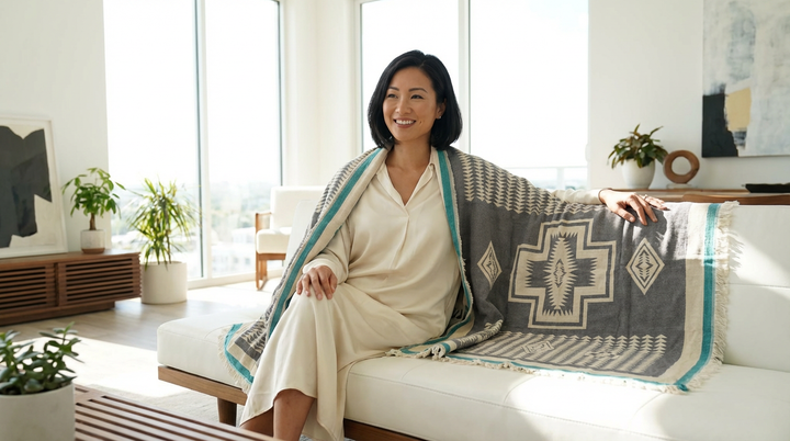 Tribal Cotton Throw Blanket – Reversible Soft Sofa or Beach Blanket