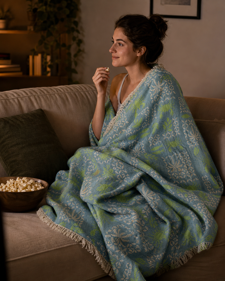 A woman sits on a couch, smiling as she eats popcorn from a bowl, wrapped in the Sea Life Muslin Throw Blanket – Reversible Turkish Cotton from turkanhome.com, featuring blue and green patterns. The cozy room is warmly lit, with plants and touches of coastal home décor in the background.