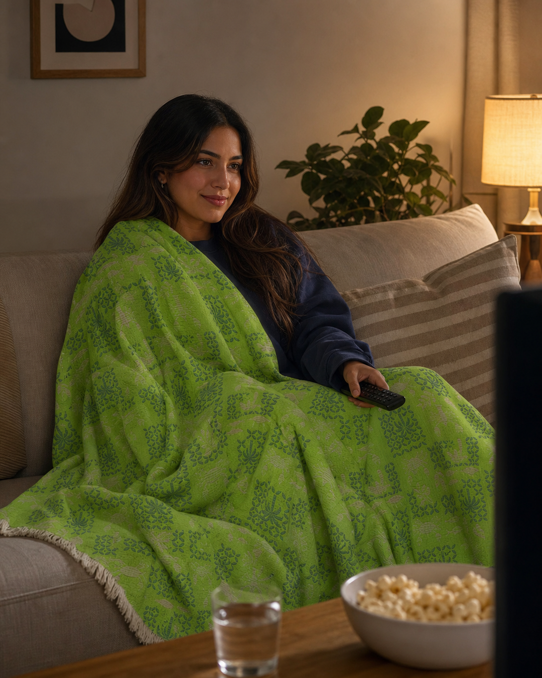 A woman relaxes on a beige couch beneath the Sea Life Muslin Throw Blanket – Reversible Turkish Cotton from turkanhome.com, holding a remote as she watches TV. Popcorn and a glass of water rest on the table, while coastal home décor accents—a lamp and potted plant—bring charm to the background.