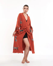 Load image into Gallery viewer, Orange Tiger Kimono Robe, Lounge Wear, Dressing Gown, Pocket
