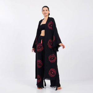 Eye Kimono Robe, House Wear, Lounge Wear with Pockets(Black)
