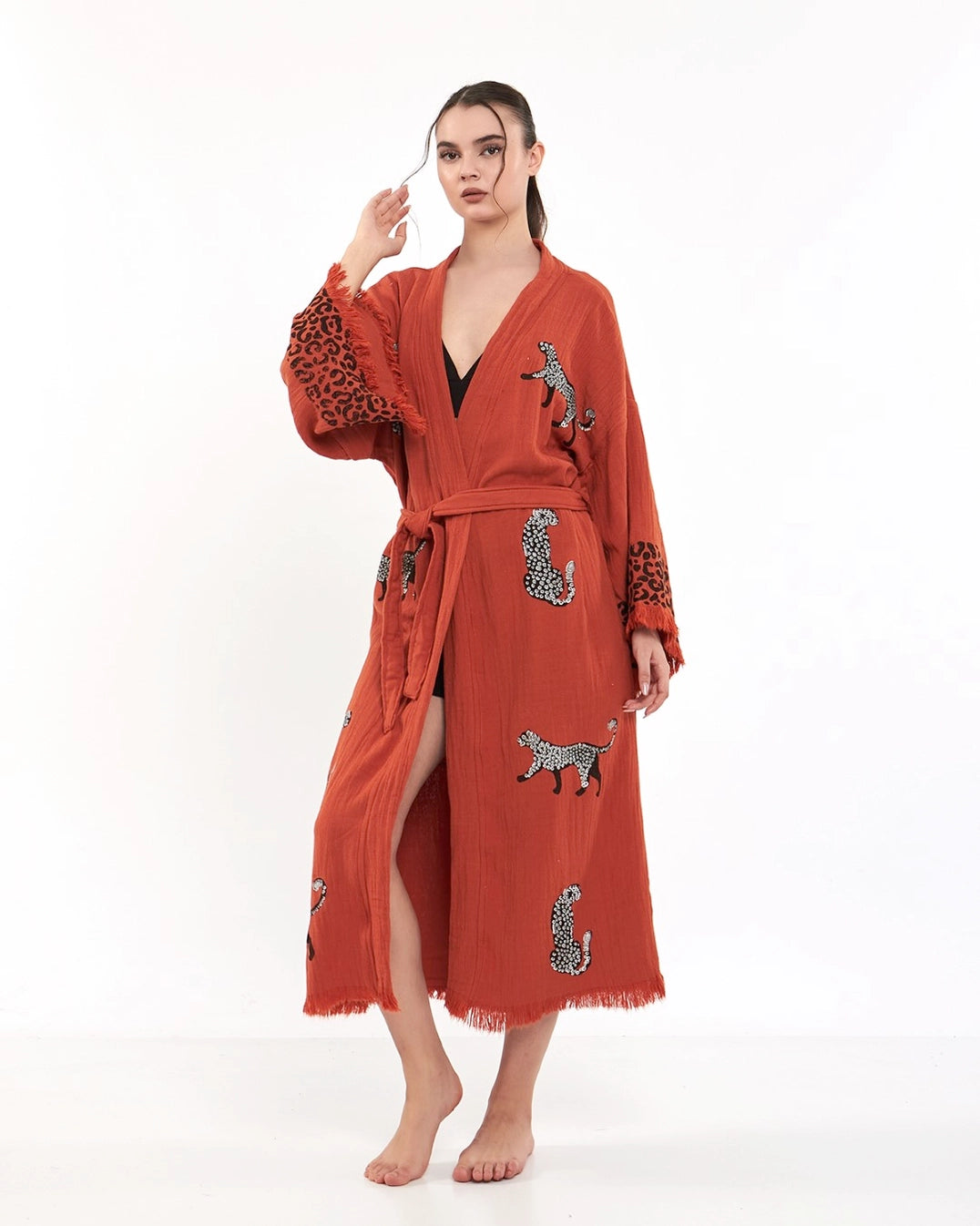 Orange Tiger Kimono Robe, Lounge Wear, Dressing Gown, Pocket