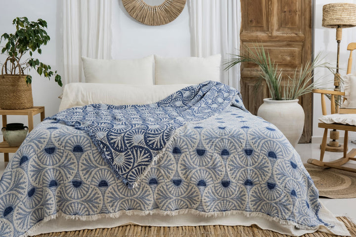 Ginkgo Muslin Bed Blanket Blue