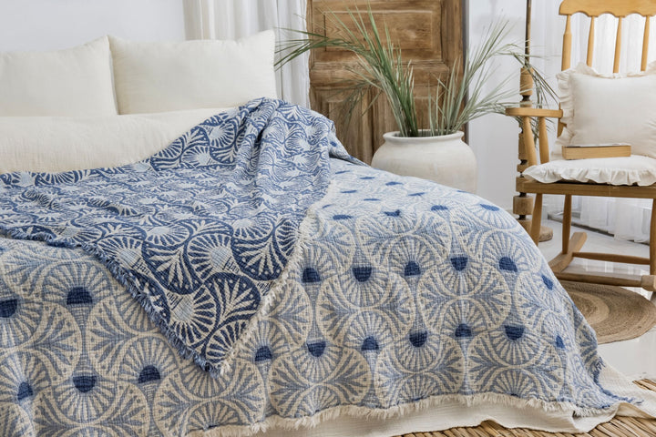 Ginkgo Muslin Bed Blanket Blue