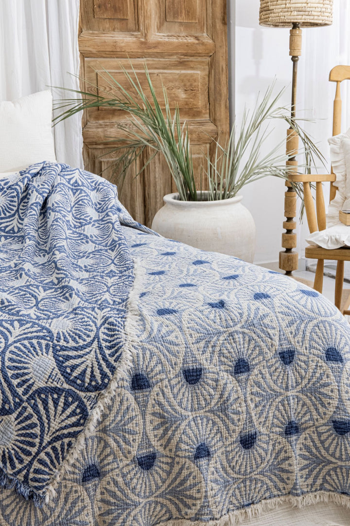 Ginkgo Muslin Bed Blanket Blue