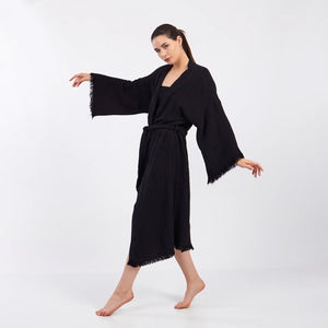 Túnica de kimono de muslin negra, ropa de salón, vestido de mañana