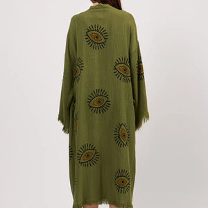 Bata tipo kimono con ojos, ropa para el hogar, ropa de salón con bolsillos (verde)