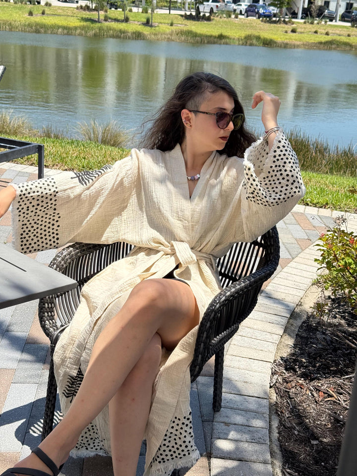 Kimono de muselina bohemio con hojas – Ligero