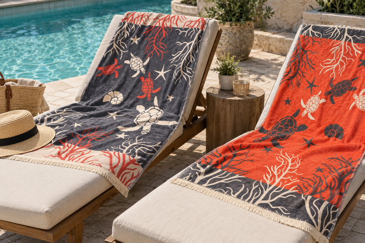 Charcoal and coral sea turtle patterned Turkish towels on loungers beside a swimming pool