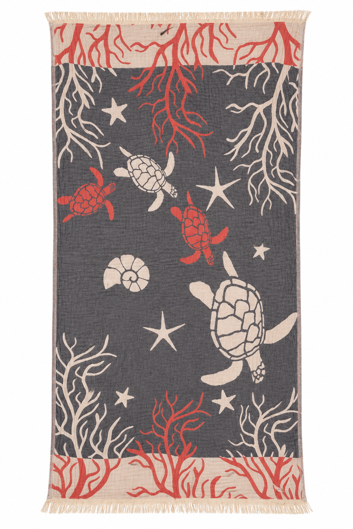 Charcoal and coral sea turtle pestemal