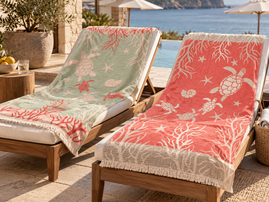 Sage and coral sea turtle patterned Turkish towels on poolside loungers overlooking the sea