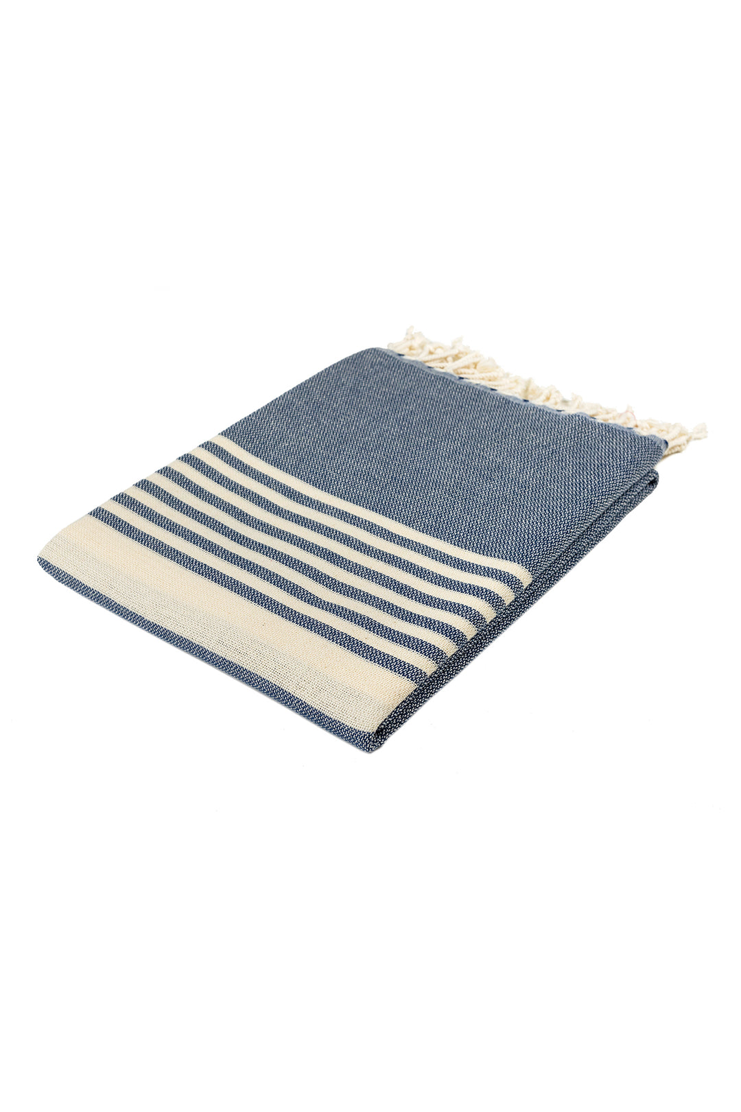 The New York Basic Organic Cotton Beach Towel by turkanhome.com is a blue and white striped, lightweight towel with fringed edges on one end, shown on a white background.
