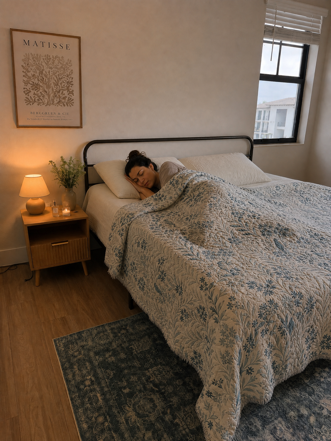 A woman sleeps on a neatly made bed with the Luxury 7-Layer Cotton Muslin Quilted Blanket in Mint Bird from turkanhome.com, adding a touch of floral elegance to her cozy, softly lit bedroom. Beside her, a nightstand holds a glowing lamp, delicate vase, and book, while gentle daylight filters in through the window.