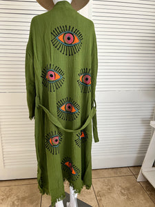 Eye  Kimono Robe- Green, Lounge Wear, Beach Wear